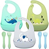 3 Pack Silicone Baby Bibs with Spoon Fork Silicone Feeding Bibs with Food Catcher for Toddlers Boys Girls Kids (Vivid Style)