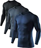 ATHLIO Men's Long Sleeve Compression Shirts, Active Sports Base Layer T-Shirt, Athletic Workout Shirt, 3pack(bls01) - Black/Charcoal/Navy, X-Large