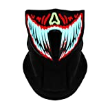 EJIDOO Halloween LED Light Up Mask Sound Activated Face Mask with (10 Luminous Tattoo Stickers) Scary Scream Mask Cosplay Bandana DJ Music Mask for Men Women, Kids, Rave Festival Party - Red Venom