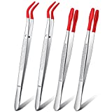 2 Pieces Tweezers Bent Tip Tweezers with Rubber Tips PVC Coated and 2 Pieces Tweezers Rubber Coated PVC Soft Non Marring Flat Tips Lab Hobby Jewelry Craft Tool Stainless Steel Tweezer (Red)