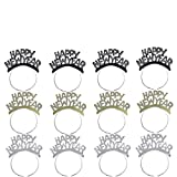 Amosfun HAPPY NEW YEAR Headband Tiara New Years Party Favors Gold Silver Black 12 Pieces