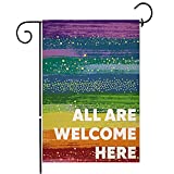 Chengxun All Are Welcome Here Rainbow Garden Flag Vertical Double Sided 12.5 x 18 Inch Burlap Yard Flag LGBTQ Flag Outdoor Decor