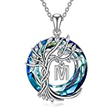 TOUPOP Tree of Life Necklace Sterling Silver M Initial Letter Pendant Necklace Blue Circle Crystal Fashion Jewelry Gifts for Women Girls Birthday Christmas