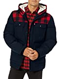 Levi's Men's Heavyweight Mid-Length Hooded Military Puffer Jacket, Red Buffalo Plaid/Navy, Small