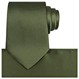 KissTies Dark Olive Green Necktie and Pocket Square Solid Satin Tie Set