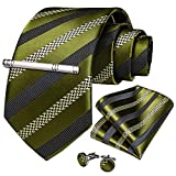 DiBanGu Men's Olive Green Black Striped Tie Silk Woven Necktie Pocket Square Cufflink Set Formal