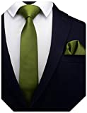 GUSLESON Mens Slim Ties Set Solid Olive Green Tie Skinny Thin Necktie and Pocket Square (0754-29)