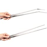 2-Pack 15 inch Heavy Duty Stainless Steel Long Tweezers, Curved and Straight Design with Anti-slip Grasp Tips Large Tongs for Reptiles Feeding, Aquascape Maintenance