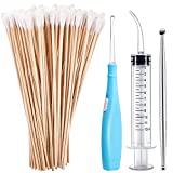 Tonsil Stone Removal Set Includes 1 Stainless Steel Tonsil Stone Removal Tool, 1 Tonsil Stone Remover with LED Light, 100 Long Swabs and 1 Curved Irrigator Syringe to Get Rid of Bad Breath