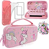 Pink Unicorn Carrying Case Compatible with Nintendo Switch Lite with Crystal Glitter Soft Protective Case Cover+Screen Protector+Stickers, Hard Storage Case Accessories Kit for Girls Birthday Gift