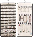 MISSLO Dual-Sided Hanging Jewelry Organizer with 40 Pockets and 20 Hook & Loops Closet Necklace Holder for Earring Bracelet Ring Chain with Rotating Hanger, Beige