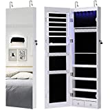 GISSAR Full Length Mirror Jewelry Cabinet, 6 LEDs Jewelry Armoire Wall Mounted Over The Door Hanging, Jewelry Organizer Storage with Lights Lockable White