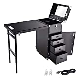 Byootique Rolling Manicure Table Nail Desk Workstation with 4 Drawers Mirror Speaker Makeup Salon Travel Cosmetic Trolley Storage Organizer Black