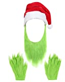 Adult Green Beard Santa Hat with Furry Gloves Halloween Costume Christmas Cosplay Accessories
