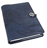 Genuine Leather Refillable Journal Cover with a Hardbound Blank Insert, A5 Leather Journal Cover, 6x9 Inches, Hokusai Wave, Navy with a Pewter Button, Made in the USA by Oberon Design
