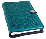Genuine Leather Refillable Journal Cover with a Hardbound Blank Insert, 6x9 Inches, Celtic Diamond, Teal with a Pewter Button, Made in The USA by Oberon Design