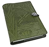 Genuine Leather Refillable Journal Cover with a Hardbound Blank Insert, 6x9 Inches, Dragonfly Pond, Fern with a Pewter Button, Made in The USA by Oberon Design