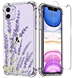 LUXVEER iPhone 11 Case with Tempered Glass Screen Protector,Floral Flower Pattern on Soft Clear TPU Cover for Girls Women,Slim Fit Protective Phone Case for Apple iPhone 11 6.1 inch Purple Lavender