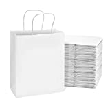 White Paper Bags with Handles – 8x4x10 inches 50 Pcs. Paper Shopping Bags, Bulk Gift Bags, Kraft, Party, Favor, Goody, Take-Out, Merchandise, Retail Bags, 80% PCW Debbie Size Medium Large