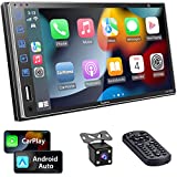 Double Din Car Stereo with Voice Control Carplay and Android Auto, 7 Inch Full Touch HD Capacitive Screen, Car Radio with Bluetooth 5.1, Mirror Link, Front/Rear Camera, Steering Wheel Control, AM/FM