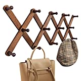 OROPY Wooden Expandable Coat Rack Hanger, Wall Mounted Accordion Pine Wood Hook for Hanging Hats, Caps, Mugs, Coats, X Shape, 27"×10", Walnut Color