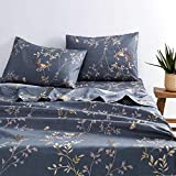 Wake In Cloud - Gray Sheet Set, Birds Floral Flowers Leaves Pattern Printed on Dark Grey, Soft Microfiber Bedding (4pcs, Queen Size)