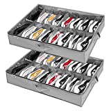INAYA Under Bed Shoe Storage Organizer Set of 2, Fits 32 Pairs, Underbed Shoe Box Storage Containers Adjustable Dividers w/Bottom Support Velcro, Clear Foldable Shoes Storage w/Reinforced Handles