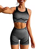 LNSK Women's Workout Outfit 2 Pieces Sports Suits Seamless High Waist Yoga Shorts Sleeveless Crop Top Gym Clothes Set Grey