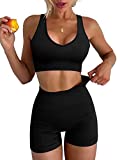 LNSK Women 2 Piece Workout Set Seamless Super Soft Ribbed Deep V Neck Bra Gym Shorts Sports Suit Yoga Outfits Black