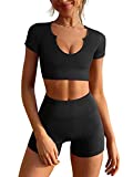 LNSK Women's Workout Outfits Seamless Ribbed Running Yoga Two Piece Crop Top Gym High Waist Sport Shorts Sets Black