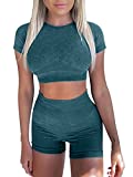 LNSK Women's Workout Set Yoga 2 Piece Seamless Gym Crop Top Outfit High Waist Running Shorts Clothes Dark Green