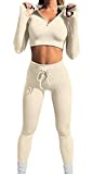 LNSK Workout Sets for Women 2 Pieces Ribbed Seamless Long Sleeve Top Yoga High Waist Outfit Leggings Beige