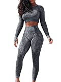 LNSK Women's Seamless Yoga 2 Piece Workout Outfits Long Sleeve Crop Top High Waist leggings Gym Clothes Sets Grey