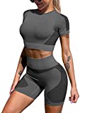 LNSK Women's Workout Sets Yoga Outfit 2 Piece Seamless Sports Top Gym Hight Waist Shorts Sportwear Suits Grey