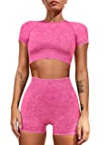 LNSK Women's Workout Outfits 2 Piece High Waist Running Shorts Seamless Gym Clothes Yoga Sportwear Crop Top Sets Rosered