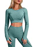 LNSK Women's Workout Outfits Yoga 2 Pieces Seamless Long Sleeve Crop Top High Waist Legging Gym Sets Dark Green