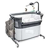 4in1 Bedside Bassinet for Baby Girl or Boy, Converts to a Crib and Playpen Usable up to 12 Months Old, Large Diaper Caddy, 5 Sheets, Crib Mobile, and 4 Spinner Wheels by OPTIMISK