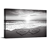 Heart and Heart at Beautiful Sunrise Black and White Unique Personalized Photo or Canvas Prints with Couple's Names and Special Date on Beach,Perfect Present Love Gift for Anniversary,Wedding