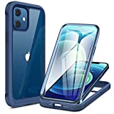 Miracase Glass Case for iPhone 12/ iPhone 12 Pro 6.1 inch (2020), Full-Body Clear Bumper Case with Built-in 9H Tempered Glass Screen Protector for iPhone 12/ iPhone 12 Pro, Dark Blue