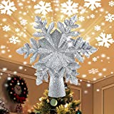 COOLWUFAN Christmas Tree Topper Lighted with LED Rotating Snowflake Projector Lights, 2-in-1 Gold Glittered 5 Point 9.8 Inch Star Tree Topper Snowfall Lights for Xmas Tree Decoration (Silver)