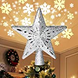 COOLWUFAN Christmas Tree Topper Lighted Star with LED Rotating Snowflake Projector Lights, 2-in-1 Gold Glittered 5 Point 9.8 Inch Star Tree Topper Snowfall LED Lights for Xmas Tree Decoration (Silver)