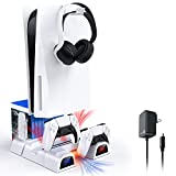 NexiGo PS5 Accessories Silent Cooling Stand with Headset Holder and AC Adapter, for PS5 Disc & Digital Editions Dual Controllers Charger, 3 Levels Adjustable Fans Speed, 10 Game Rack Organizer, White