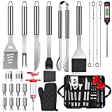 25PCS Grilling Accessories Kit, Enlarged Handle 401&402 Stainless Steel BBQ Tools Set with Thermometer and Carry Bag, Barbecue Tools Christmas Thanksgiving Gifts for Men, Utensils for Outdoor Camping