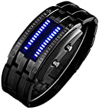 Binary Matrix Blue LED Digital Waterproof Watch Mens Classic Creative Fashion Black Plated Wrist Watches (Black Blue)