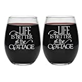 Life is Better at the Cottage Etched Wine Glass Set, Lake Cottage Decor Hostess Gifts for Couple