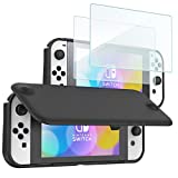 ProCase Nintendo Switch OLED Flip Cover with 2 Pack Tempered Glass Screen Protectors, Slim Protective Flip Case with Magnetically Detachable Front Cover for Nintendo Switch OLED Model 2021 -Black