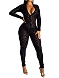 Uni Clau Women See Through Bodycon Jumpsuit - One Piece Deep V Neck Outfits Sheer Mesh Leopard Clubwear Jumpsuit Rompers Black L