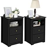 Topeakmart 2PCS Tall End Table with Double Storage Drawers and Open Cubby, Sofa Side Table for Living Room Small Space, L19xW15.7xH29 Inches, Black