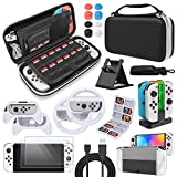 Accessories Bundle for Switch OLED, All in 1 Accessories Kits for Switch OLED 2021 Model：Case & Screen Protector, Hand Grips & Racing Wheels for Joy con, Controller Charger Dock, Carrying Case & More