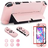 BRHE Cute Dockable Case Compatible with Nintendo Switch OLED 2021 [New Upgrade] Protective Grip Skin Cover with Tempered Glass Screen Protector and Thumb Stick Caps (Pink)